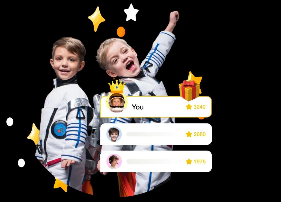 Students in astronaut costumes with leaderboard
